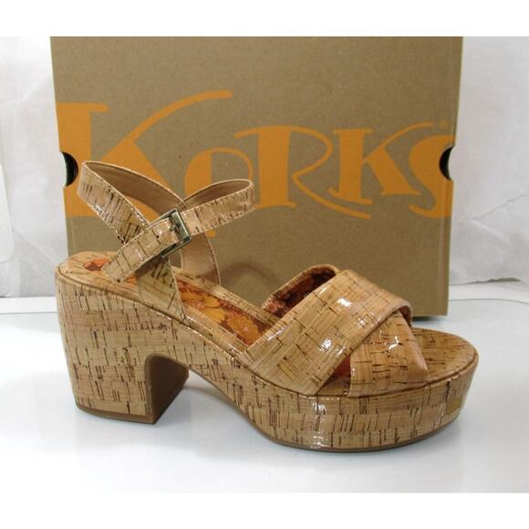 Korks Calda Platform Heeled Sandals Comfort Tan Patent Cork - Picture 1 of 7
